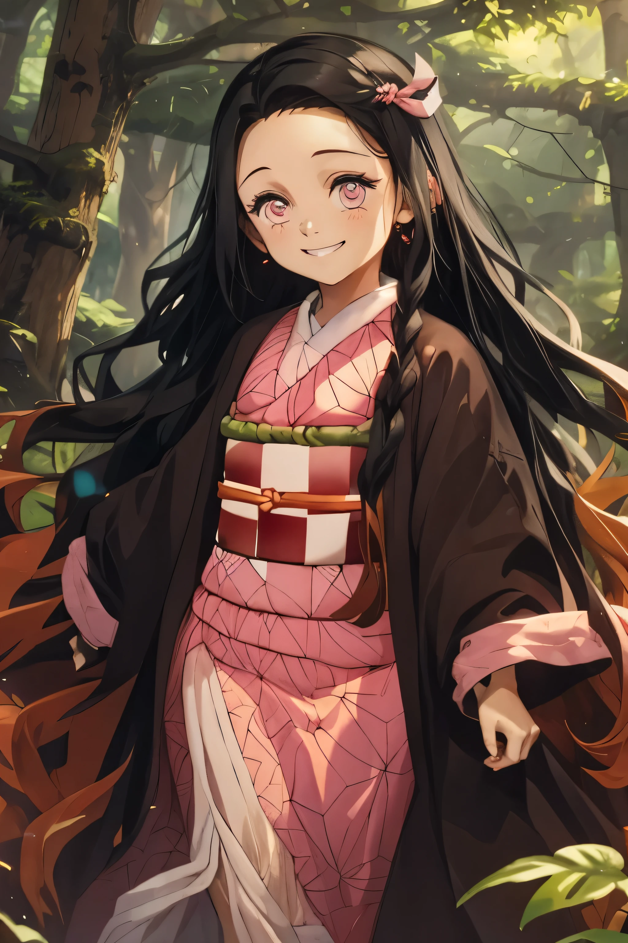 Kizi , long hair , Grinning , in a forest , pink kimono