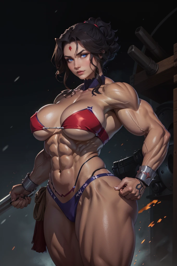 berserk mature woman, woman with ((((huge muscles)))), abs, rags, loincloth, snow mountain, winter, braids, ragged, tribal bodypaint, snowdrift,((1 lady))、masterpiece, ultra-detailliert, 8k, hiquality, Top image quality, digitial illustration, Seductive Anime Girl, ((Combative posing:1.4)), ((heavy weapons:1.4, armament:1.3))、((dynamism:1.3))、((dynamic angle:1.2))、((Hover effect:1.4)), Glossy realistic skin texture、shiny skin、seductive smile、Meticulously drawn hair, Meticulously drawn eye, Being in battle field、appearance Splash paint background in colors, ((bikini:1.3 crop top:1.3))、((crop top navel))、((highleg:1.3))、((huge hip:1.3))、((thick thighs))、curvy、((collarbone))、((cameltoe))、Sharp Focus, Precise human body structure、Smooth texture