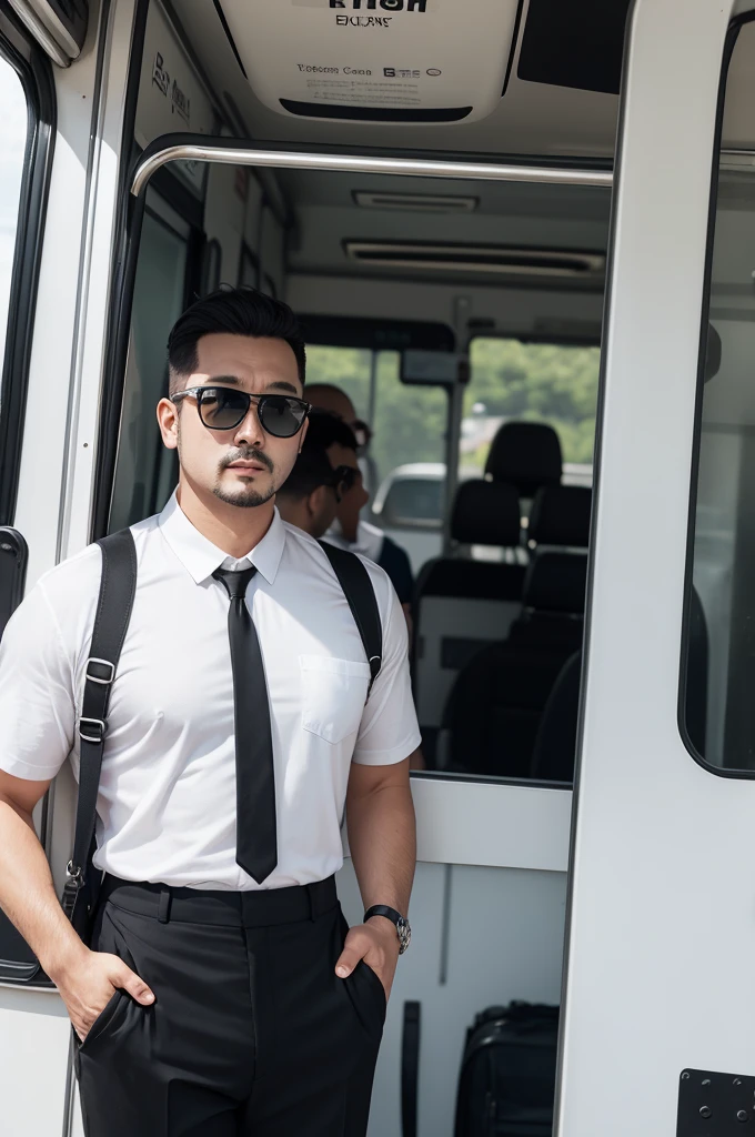 Men Bus driver white t-shirt black tie black pants black dress shoes sunglasses short hair balding at the front chubby