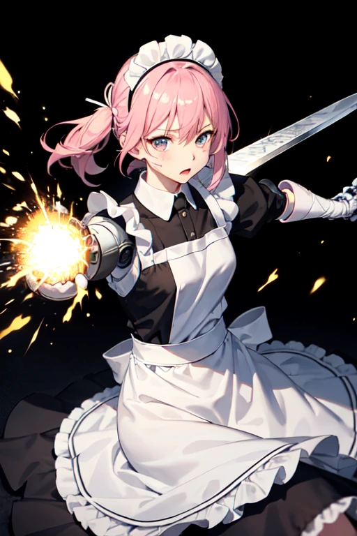 (((Highest quality)))(((High resolution)))((detailed))((Attention to detail))(Draw the whole body)girl, cute, Pink Hair, Small breasts, Maid clothes(白と黒のMaid clothes,Black Dress, White apron, Headband, Maid clothesクラシック, Long skirt), (Fighting with a large sword in hand), Double-handed sword(Western design), Burning Battlefield, A super-strong enemy in front of me, Clothes are torn by enemy attacks, The clothes are dirty, ((煤と泥でMaid clothesが汚いquality:1.6))((Maid clothesがボロボロquality:1.6)), A Close Battle, fierce fighting, Fierce Battle, 敵の攻撃でMaid clothesがボロボロ, Covered in mud, Covered in soot, sparks, Fighting desperately, (The whole body is battered), Final Strength, 