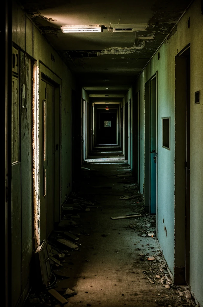 Photograph of a dark corridor of an abandoned military base with a quality typical of a 1980s camera,