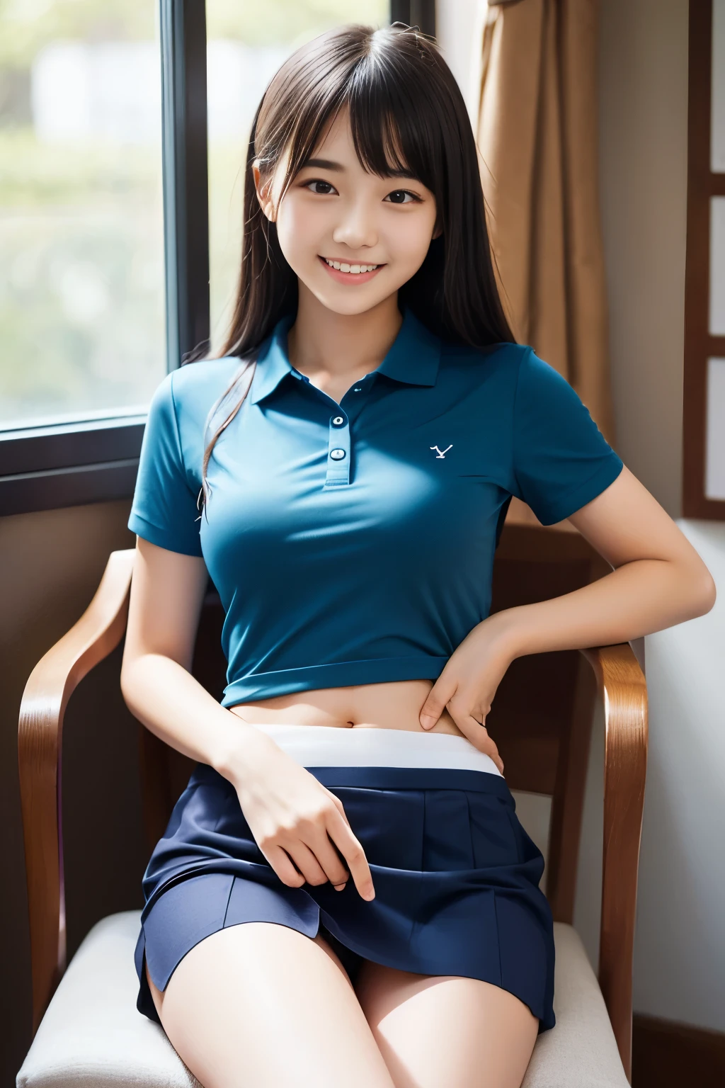 Japanese、high school student、Beauty、Facing forward、Kind eyes、Smiling Kindly、Wearing a navy blue short-sleeved polo shirt、She is wearing a tight grey itting in a chair、Her white underwear is visible between her skirt and legs.、Wearing white panties、
