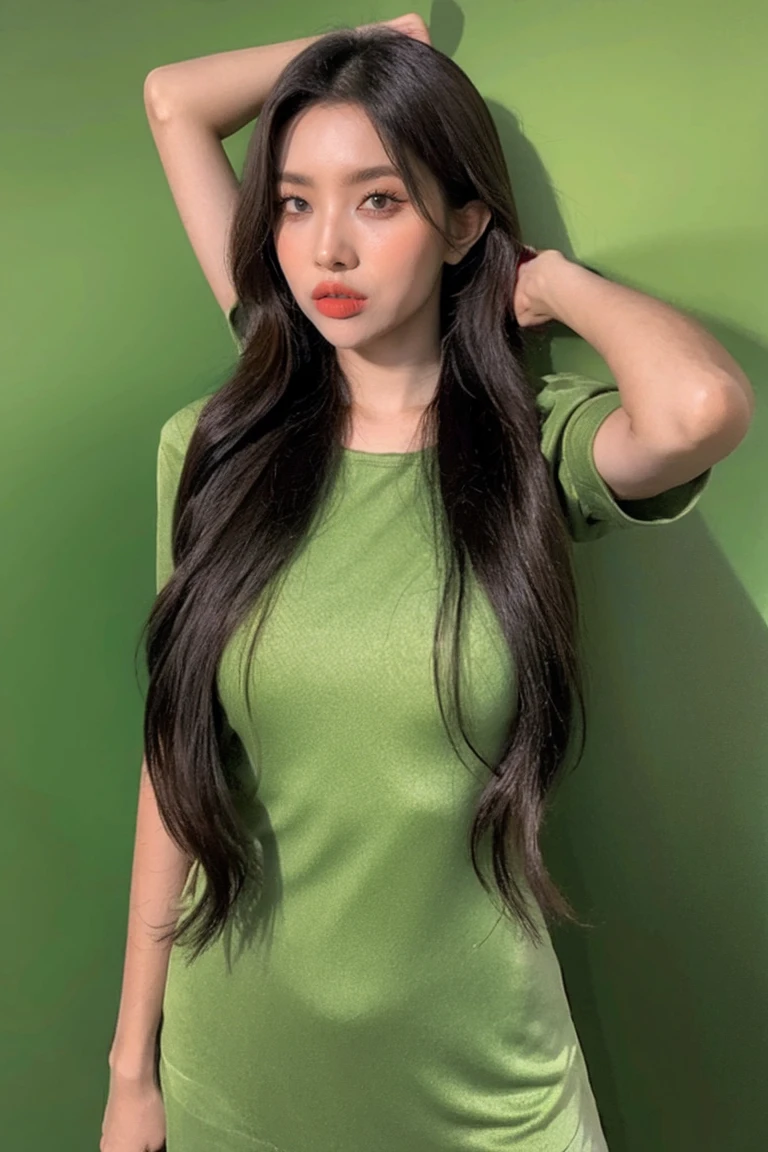 21yo girl, long hair, green background 