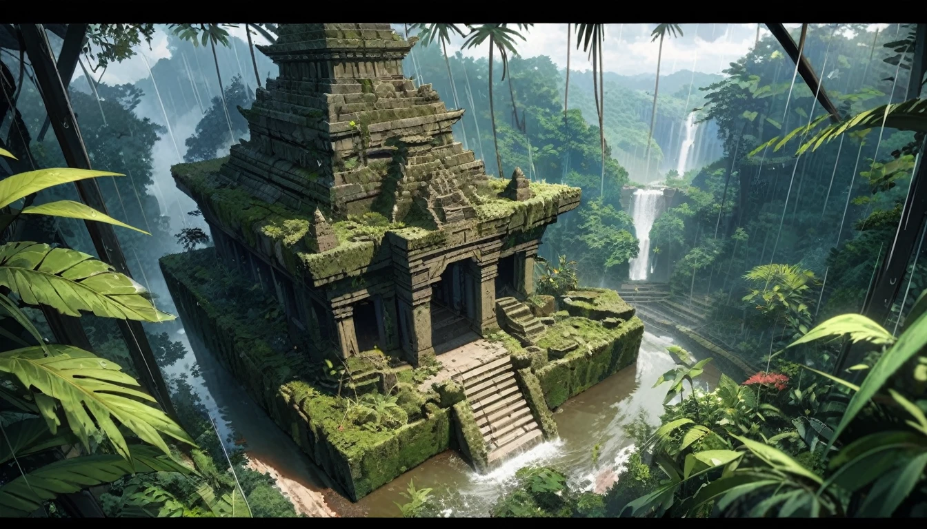  anime aestetics, anime scenery, daytime, rainforest, jungle, stone temple in the jungle, civered in moss, wines everywhere, downpour, strong, rain, mystic atmosphere, ancient structure, ttall tress, jungle plants, huge leavesm, beautifl big red jungle flowers, predator plants, perspective, atmospheric perspective, from above, wide shot, highres, 4K, 8k, award winning, super detail, masterpiece