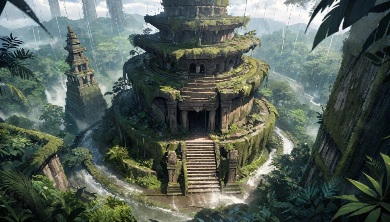  anime aestetics, anime scenery, daytime, rainforest, jungle, stone temple in the jungle, civered in moss, wines everywhere, downpour, strong, rain, mystic atmosphere, ancient structure, ttall tress, jungle plants, huge leavesm, beautifl big red jungle flowers, predator plants, perspective, atmospheric perspective, from above, wide shot, highres, 4K, 8k, award winning, super detail, masterpiece