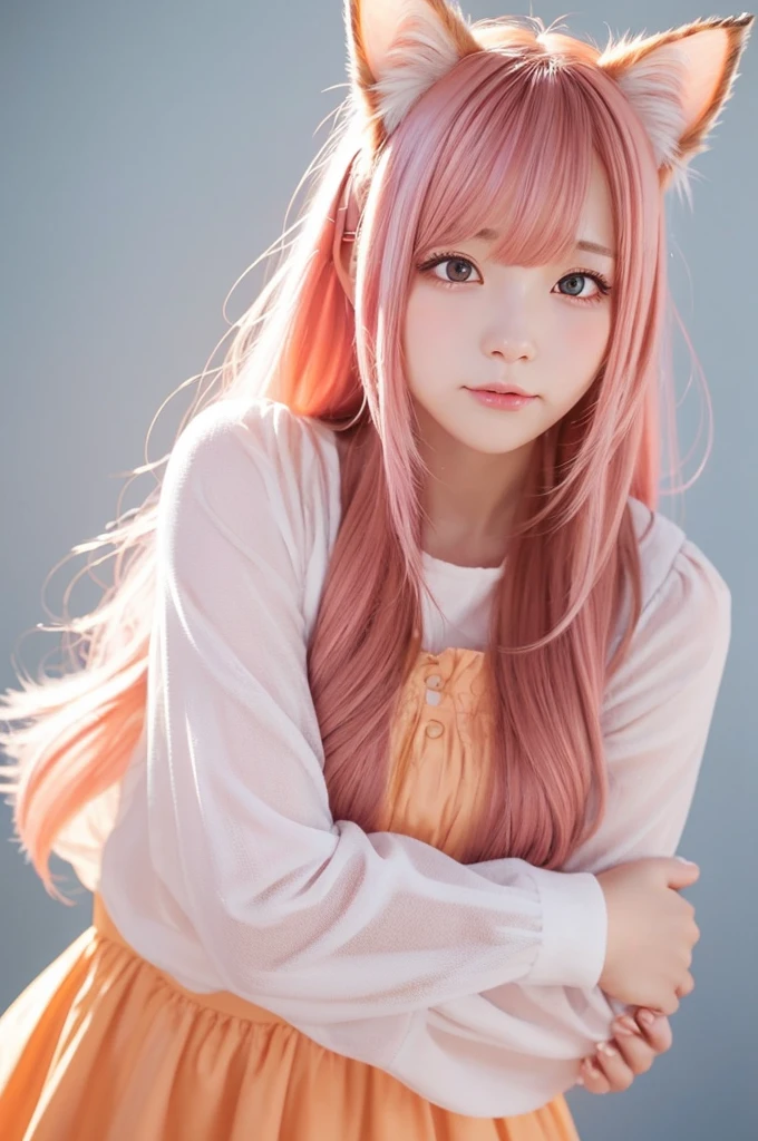 1girl, solo, long hair, looking at viewer, blush, bangs, simple background, long sleeves, white background, dress, holding, animal ears, closed mouth, pink hair, cat ears, orange eyes, animal ear fluff, :3, simple background, hugging cat, cowboy_shot