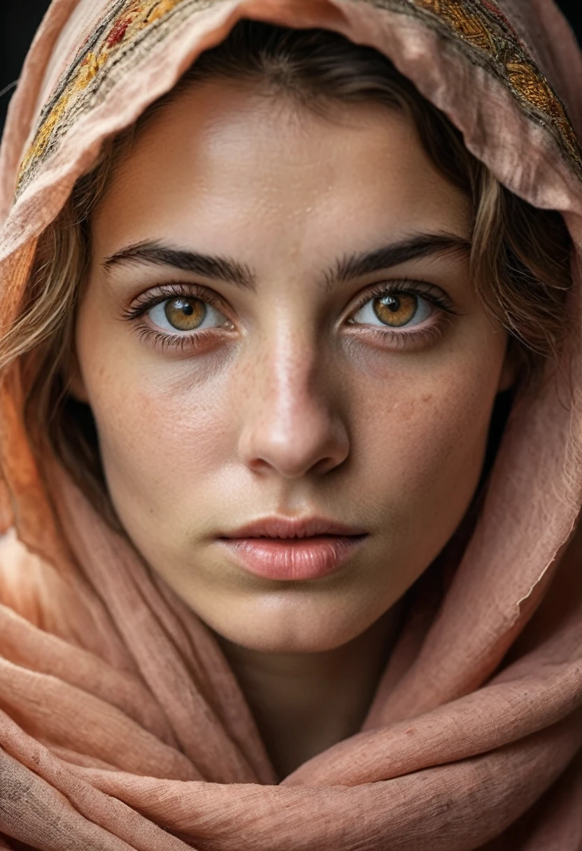 a photorealistic portrait of a stunningly beautiful woman without make-up, extremely detailed light hazel eyes, detailed symmetric realistic face, natural skin texture, extremely detailed skin with skin pores, peach fuzz, messy hair, wearing shawl over her head, masterpiece, absurdres, award winning photo by lee jeffries, nikon d850 film stock photograph, kodak portra 400 camera f1.6 lens, extremely detailed, amazing, fine detail, rich colors, hyper realistic lifelike texture, dramatic lighting, unrealengine, trending on artstation, cinestill 800 tungsten, looking at the viewer, photo realistic, RAW photo, TanvirTamim, high quality, highres, sharp focus, extremely detailed, cinematic lighting, 8k uhd