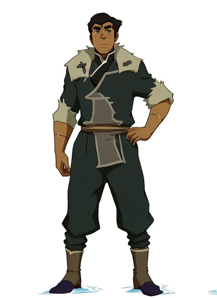 African-American male Bolin , the legend of Korra character, purple water tribe outfit, dark purple pants, fur collar, clothing from the water tribe , facing forward 