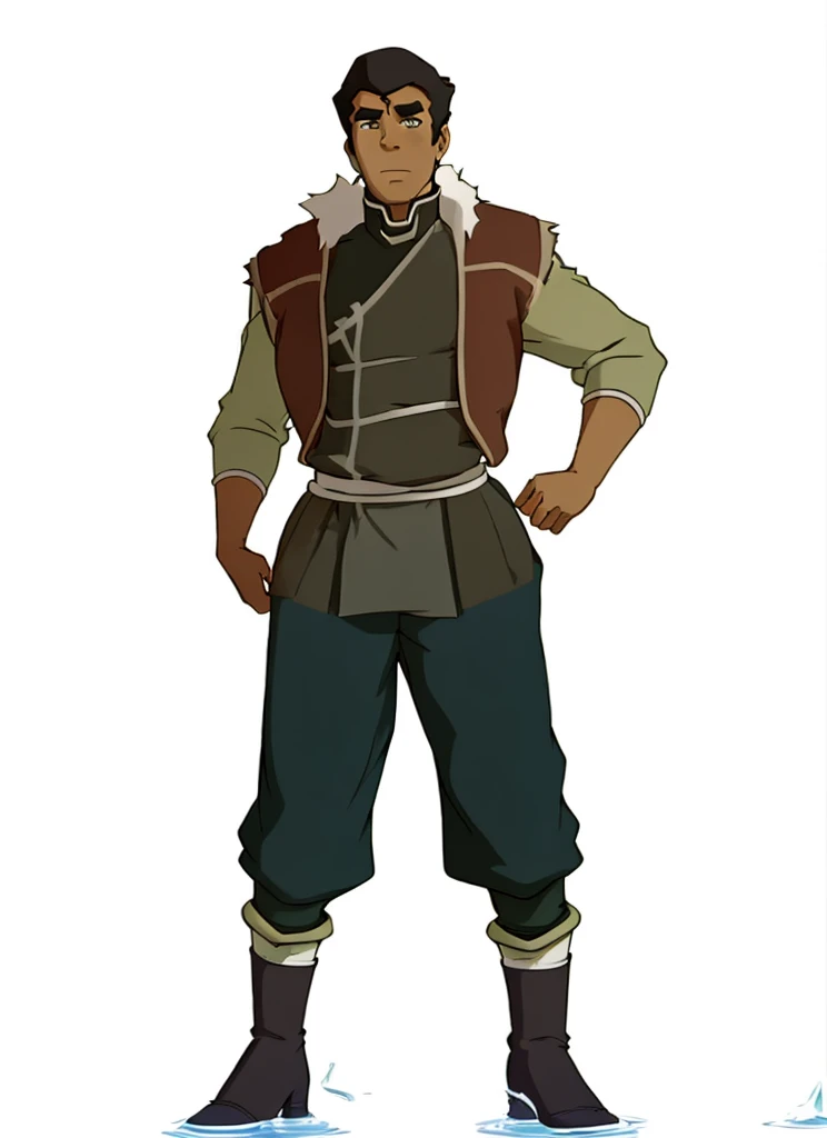 African-American male Bolin , the legend of Korra character, purple water tribe outfit, dark purple pants, fur collar, clothing from the water tribe , facing forward 