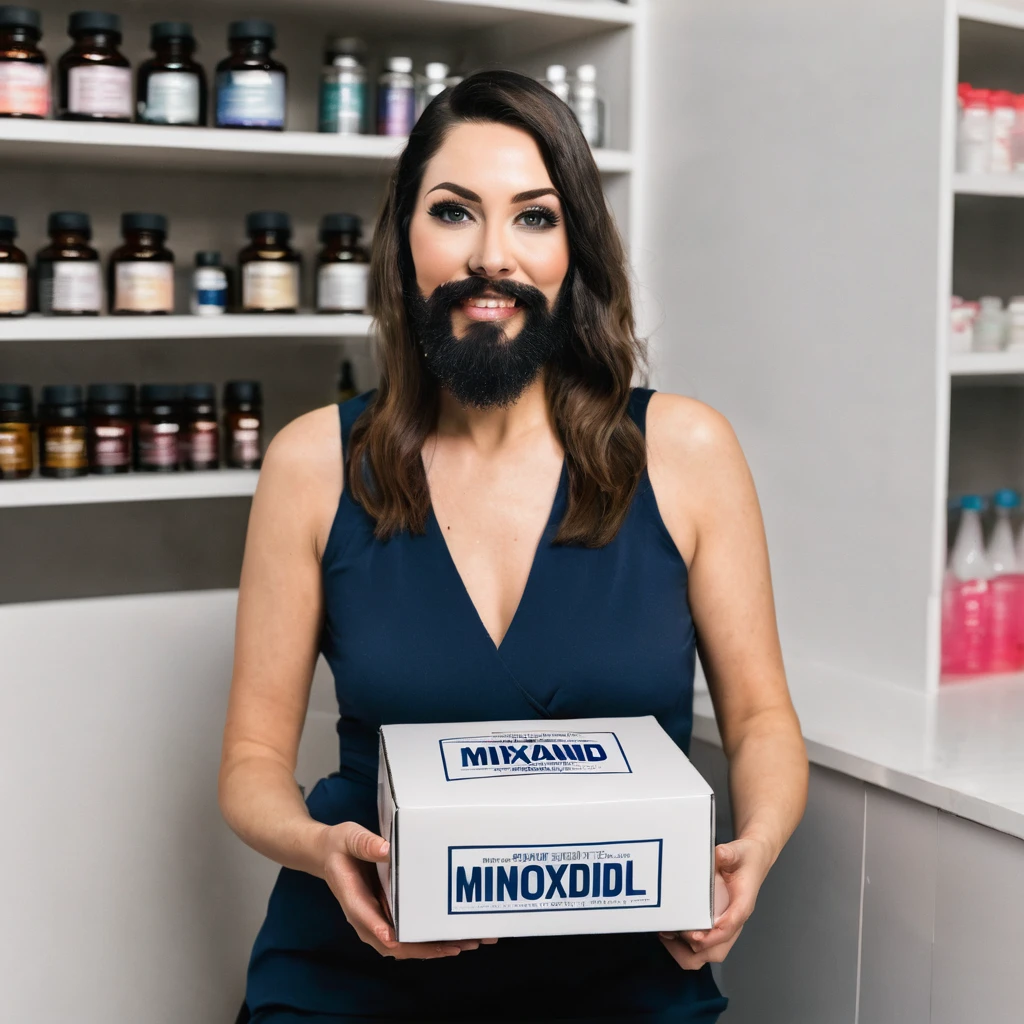 transgender bearded woman holding a box of minoxidil kirkland