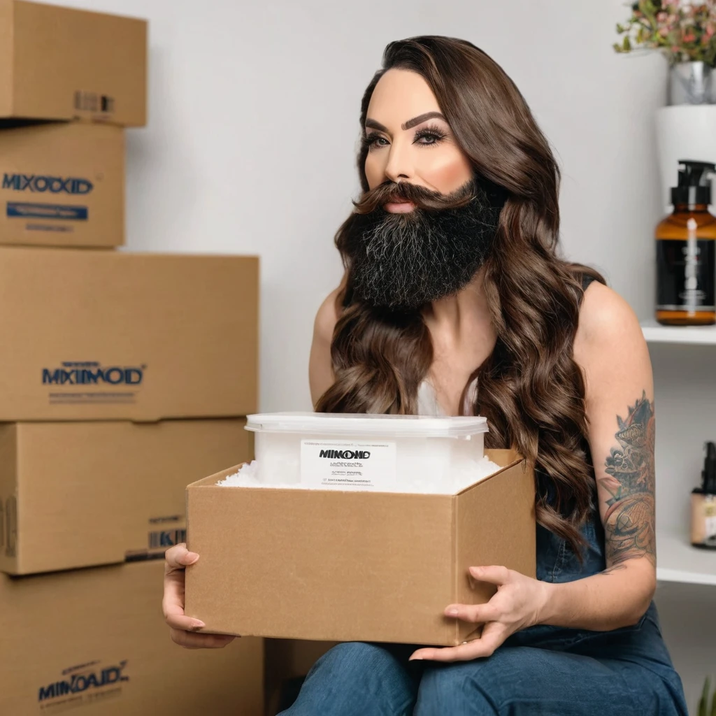 transgender bearded woman holding a box of minoxidil kirkland