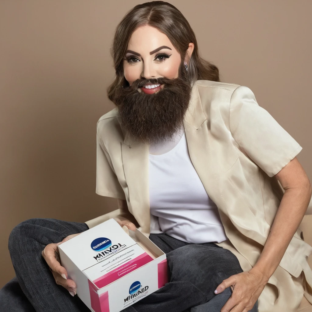 transgender bearded woman holding a box of minoxidil kirkland