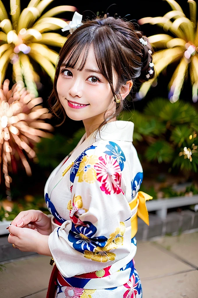 ((Highest quality, 8K, masterpiece: 1.3)),RAW Photos,Realistic atmosphere,Lens flare, Ray Tracing,(Detailed beautiful white skin:1.3),Beautiful Japanese, High-resolution face,shiny light brown hair,Bun Hair,Red and gold hair ornament,(Watching the fireworks wearing a floral yukata:1.2),Huge fireworks,(White yukata with sleeves:1.2),((Wrinkled Heko Obi:1.3)),((Looking back with an innocent smile:1.3)),Blurred grand fireworks,(Many colorful fireworks:1.2)Star Mine,Fireworks across the sky,Large fireworks