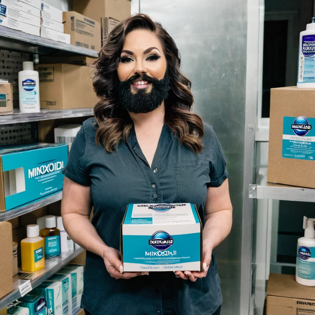 transgender bearded woman holding a box of minoxidil kirkland