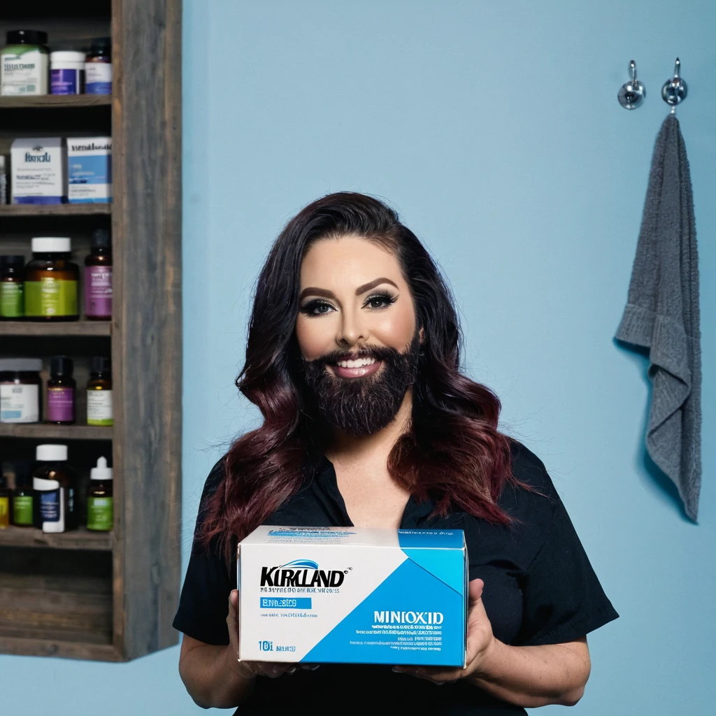 transgender bearded woman holding a box of minoxidil kirkland
