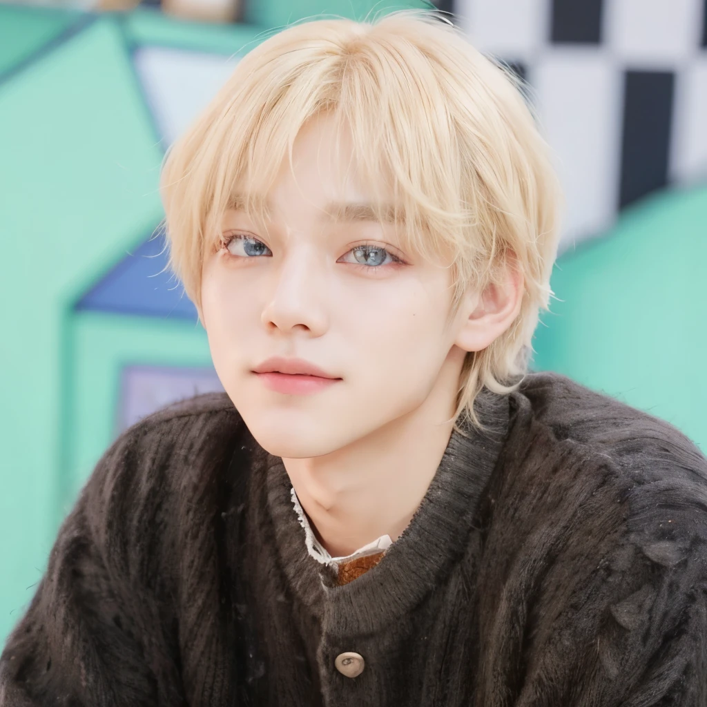taehyung, BTS GROUP TAE! With long, blonde hair, a corner smile, black clothes and eyes as blue as the ocean.