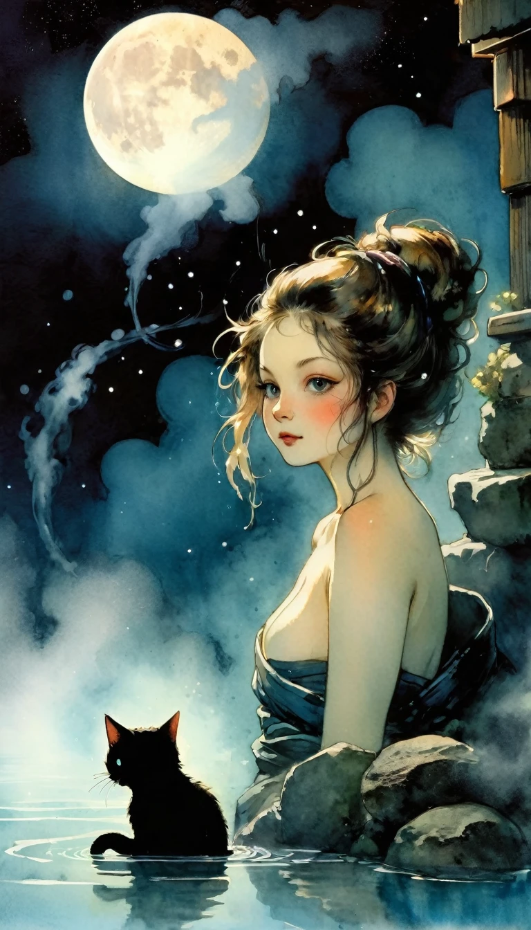 (space onsen style: 1.3), Fantasy onsen in outer space, Wonder, discomfort, healing, Two women, beautiful, cool, a fun day, Hidden hot springs, dark and creepy creatures, (Rembrandt lighting: 1.2), embarrassing , have a cat, cat-lake, dark night, fog, midnight, dark night, (fog: 1.4), Surprised and nervous, moon, Close-up of the upper body, a little sweat, perfect anatomy, Masterpieces artistic and memorable, moments from history, Onsen cats peeking out, (steam: 1.6), a little sweat, Strong wind blowing, from behind, from below, (fantastic and fascinating landscapes) Watercolor: 1.4, Delicate , Detail, Masterpiece, (onsen cats: 1.4), (masterpiece: 1.2), (best quality: 1.2), Newer and more intricate details (art inspired by Bill Sienkiewicz). oil painting)