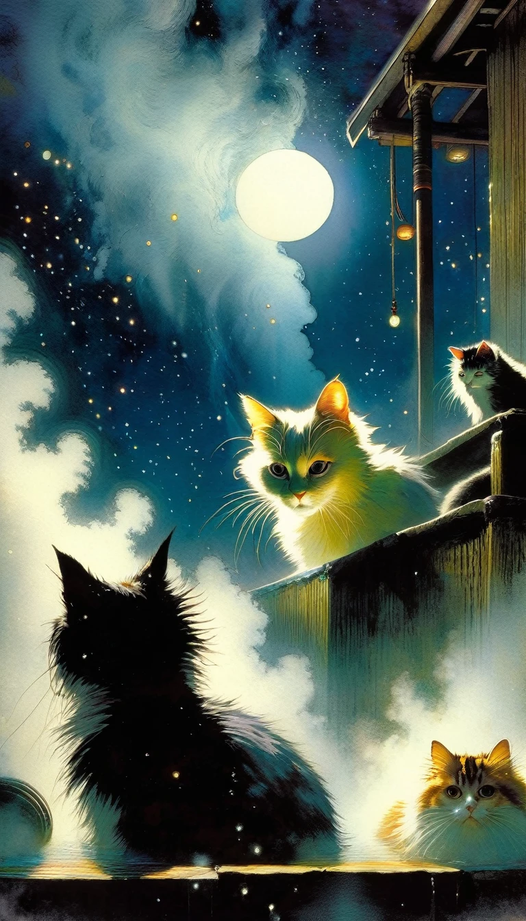 (space onsen style: 1.3), Fantasy onsen in outer space, Wonder, discomfort, healing, Two women, beautiful, cool, a fun day, Hidden hot springs, dark and creepy creatures, (Rembrandt lighting: 1.2), embarrassing , have a cat, cat-lake, dark night, fog, midnight, dark night, (fog: 1.4), Surprised and nervous, moon, Close-up of the upper body, a little sweat, perfect anatomy, Masterpieces artistic and memorable, moments from history, Onsen cats peeking out, (steam: 1.6), a little sweat, Strong wind blowing, from behind, from below, (fantastic and fascinating landscapes) Watercolor: 1.4, Delicate , Detail, Masterpiece, (onsen cats: 1.4), (masterpiece: 1.2), (best quality: 1.2), Newer and more intricate details (art inspired by Bill Sienkiewicz). oil painting)