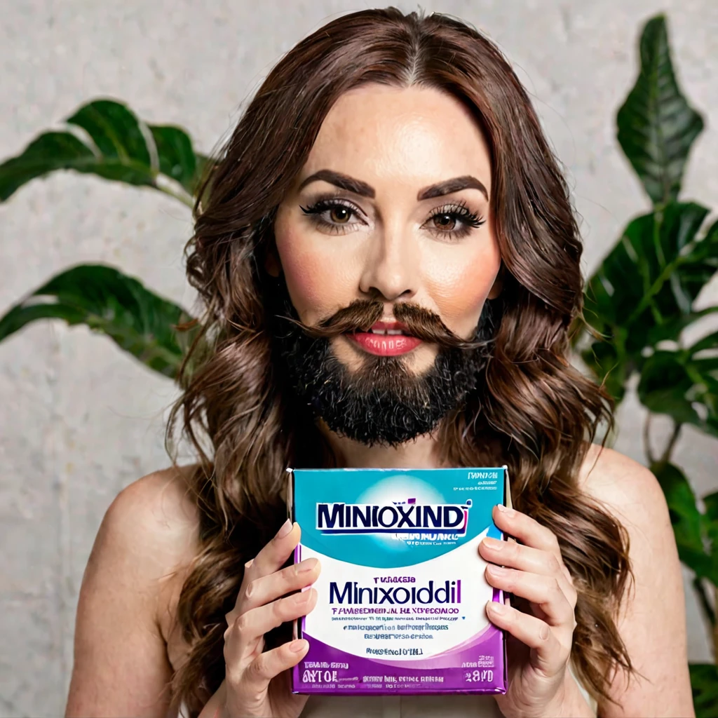 transgender bearded woman holding a box of minoxidil kirkland