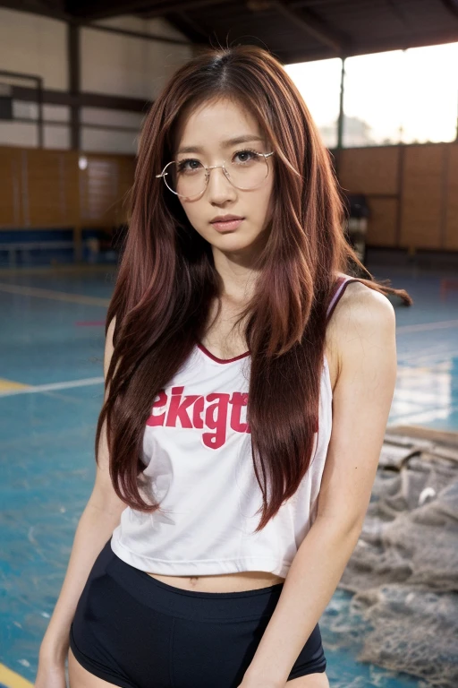 In the school gymnasium，yae miko wearing big glasses, at sunset，1 Girl，schoolgirl, Pink Hair, Stylish long hair，volleyball player