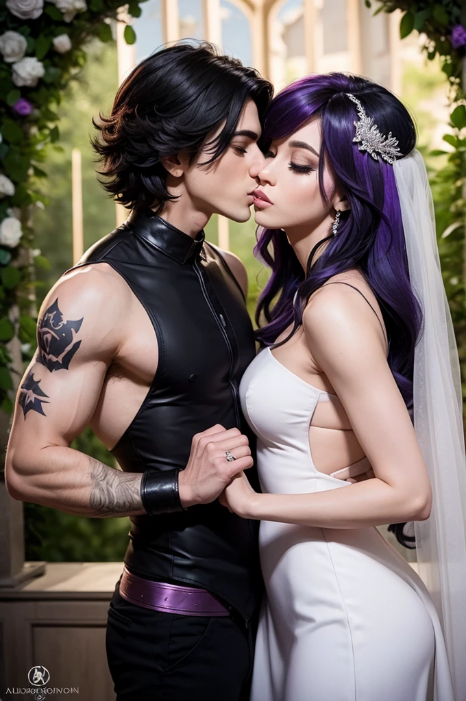 The male Beast Boy and the female Raven together getting married, kissing two young titans