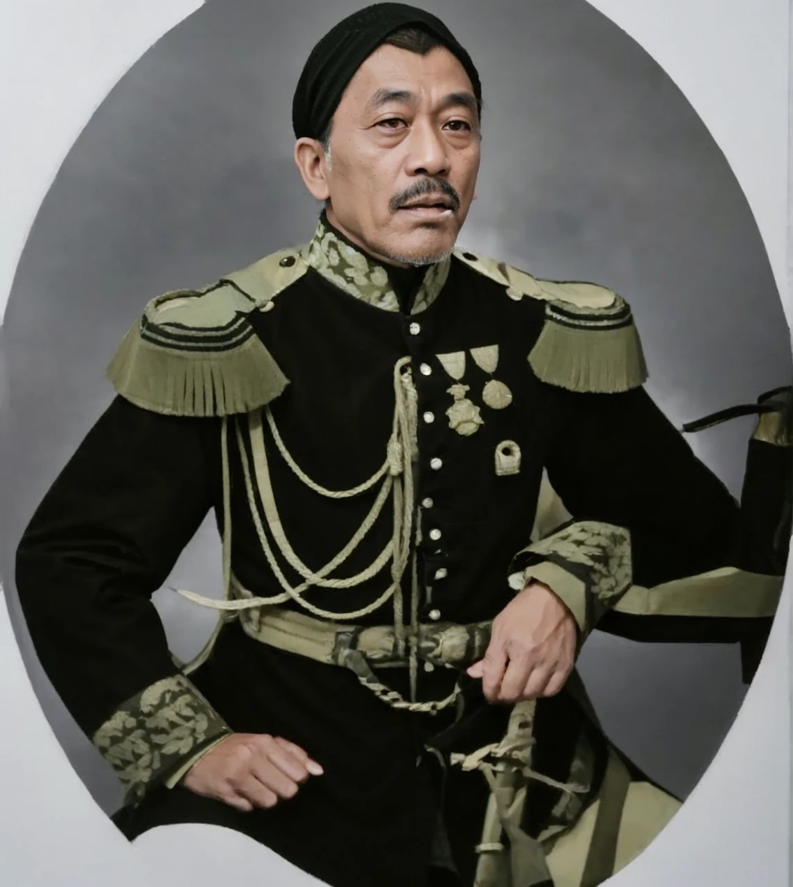 Indonesian Muslim man, aged 40 years or over, wearing full Kanigaran clothing, slightly wrinkled brownish skin, slightly thick mustache, closed mouth, clear, slightly narrow eyes, side view of the camera, very realistic HD image.