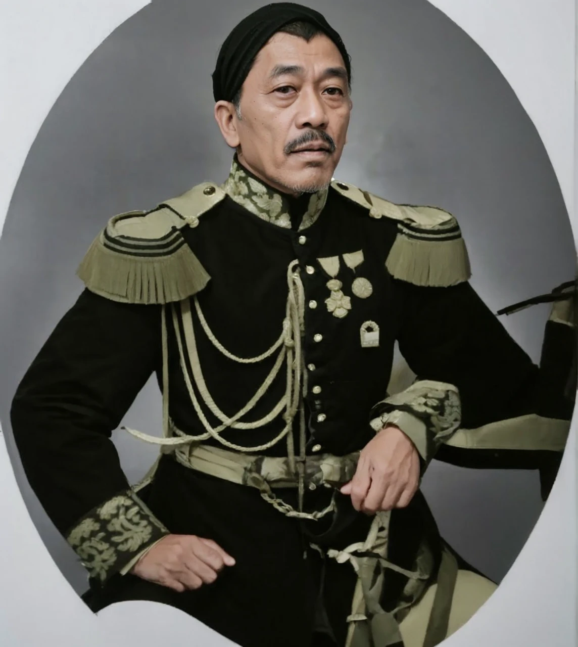 Indonesian Muslim man, aged 40 years or over, wearing full Kanigaran clothing, slightly wrinkled brownish skin, slightly thick mustache, closed mouth, clear, slightly narrow eyes, side view of the camera, very realistic HD image.