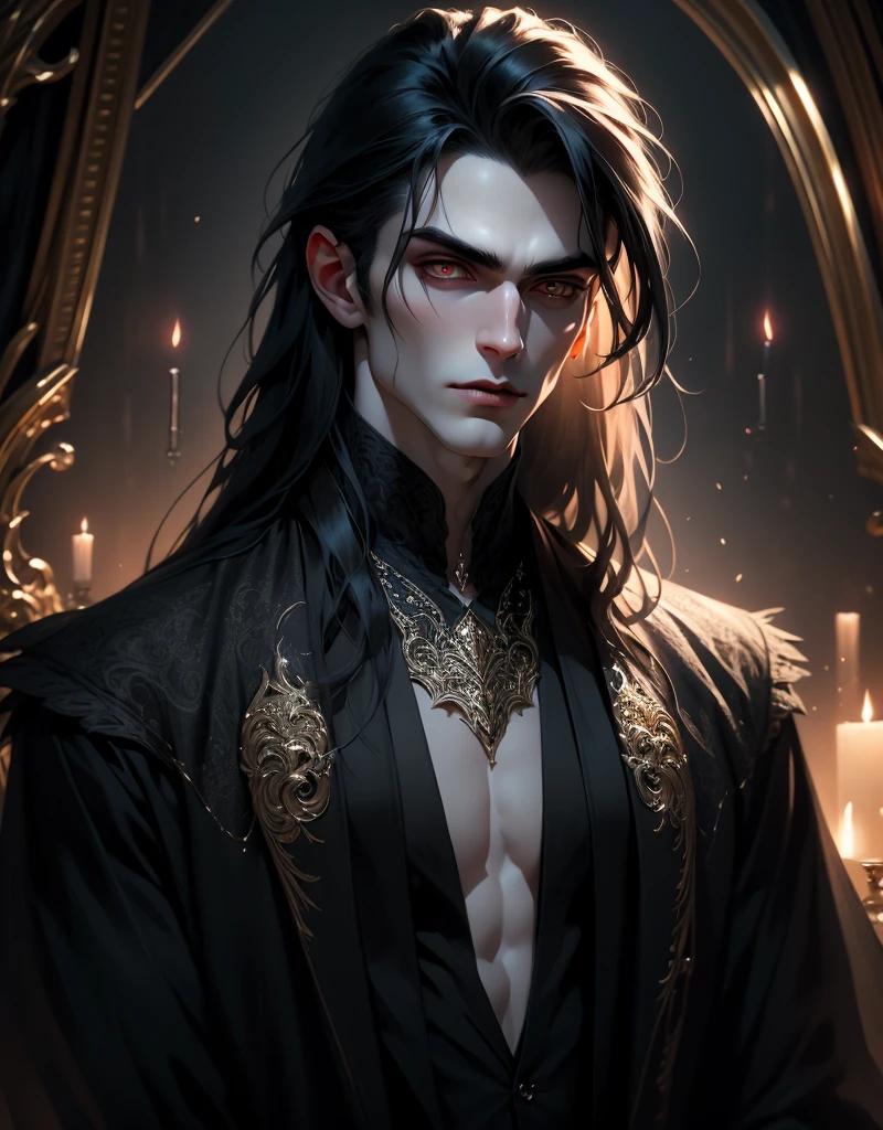{???????}(Masterpiece - Ultra-detailed, very high resolution) Prepare to be enchanted by a true masterpiece that combines ultra-detailed art with high-resolution rendering. This work portrays a vampire man with long black hair (1.3) and captivating golden eyes (1.2), emanating an aura of mystery in decadent settings. The intricate details and realistic textures invite you to explore every aspect of this enchanting composition. Vampire man wearing black. Serious expressions. Pale skin like a vampire.