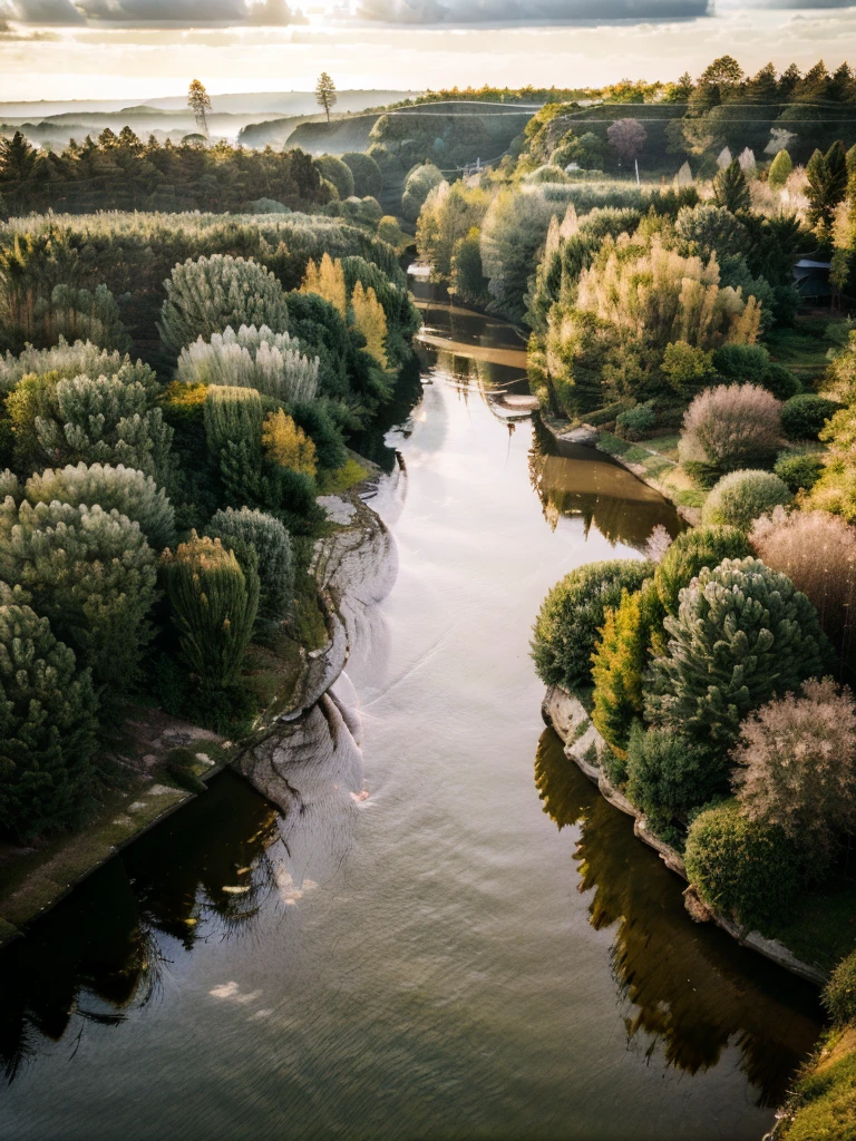 Generate an image of a scene inside a bright jungle scene, with a crystal-clear river flowing gently through the center. The trees are thin and  so clear, with bright green leaves and of medium height, natural trunks. The forest floor is covered with a soft layer of bright green grasses, and the air is filled with the warm, golden light of a sunny afternoon. The river's surface reflects the trees and sky above, creating a sense of perfect symmetry and tranquility. The pebbels are sinked at corner of river very clearly visible. The image should be highly detailed and realistic, with a focus on capturing the natural beauty, brighter view and peaceful atmosphere of the forest. 
#Realistic 
(Very very Realistic) (4K) , (Ulta HD) , (8K Resolution) 
(Ultra Realistic) 