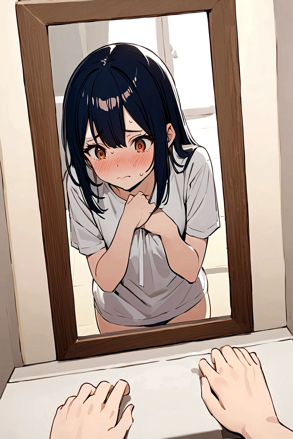 - Female college student- Long black hair，Straight Hair，Hair ends are slightly curled，Scattered on shoulders - big eyes，Black pupil，Long eyelashes - Pretty face - Fair skin - Delicate features - Slim figure，高挑
- 约165cm高
- 胸部full，Papaya shape
- 白色宽松T恤，Slightly longer hem，Covering part of the lower body - small underwear，Hidden under a T-shirt - Barefoot，Rounded Toes - Simple and Clean Restroom，White tiles，Mirror- Jiang Xiaochen standing in front of the mirror，Grab your chest with your hands，White liquid leaking from chest - Slightly red cheeks，Mild sweating，表情Awkward和nervous

- surprise和Puzzled：Eyebrows slightly wrinkled，Eyes wide open，嘴巴微张
- Awkward和nervous：Blushing cheeks，Mild sweating，Hands clasped or crossed over chest - Anxiety：Wandering eyes，Lean forward slightly，Rubbing hands nervously - chest：full，Papaya shape，White liquid spills，Liquid shimmers slightly - Expression：surprise、Puzzled、Awkward、nervous、Anxiety and other emotions alternation - body movements：Grab your chest with your hands，Cross your arms，Rubbing hands nervously