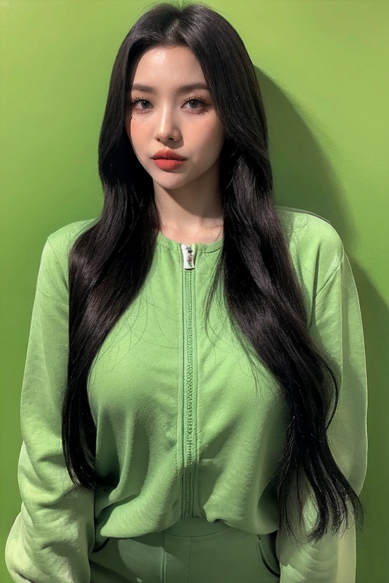 21yo girl, long hair, green background 