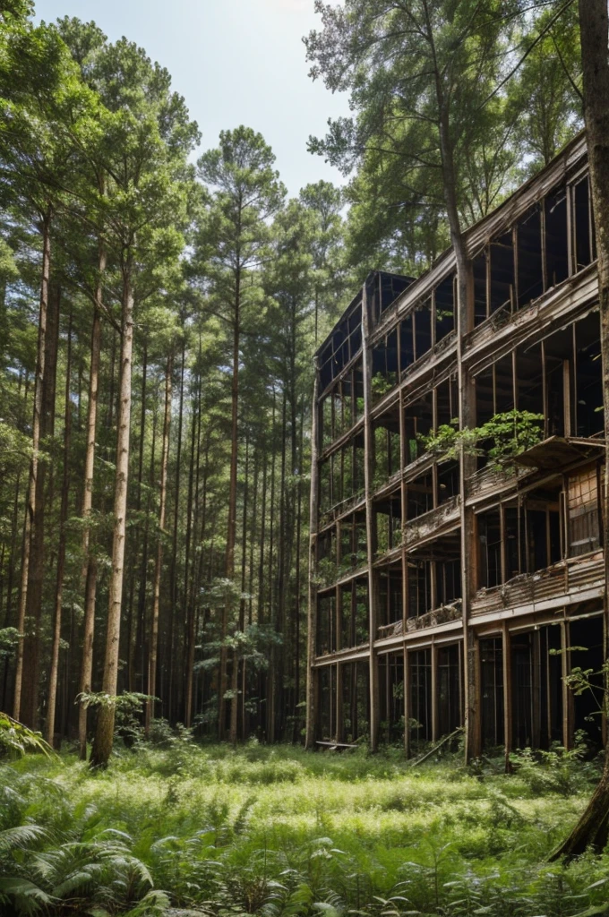 a forest re-emerging from among abandoned buildings with trees growing in the middle of the structures 