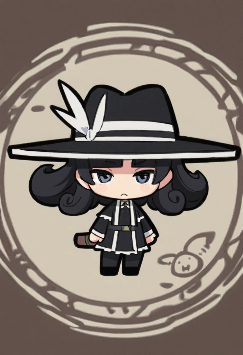 A male character, Caucasian skin, Long curly black hair, eyes browns, black clothing, chibi style