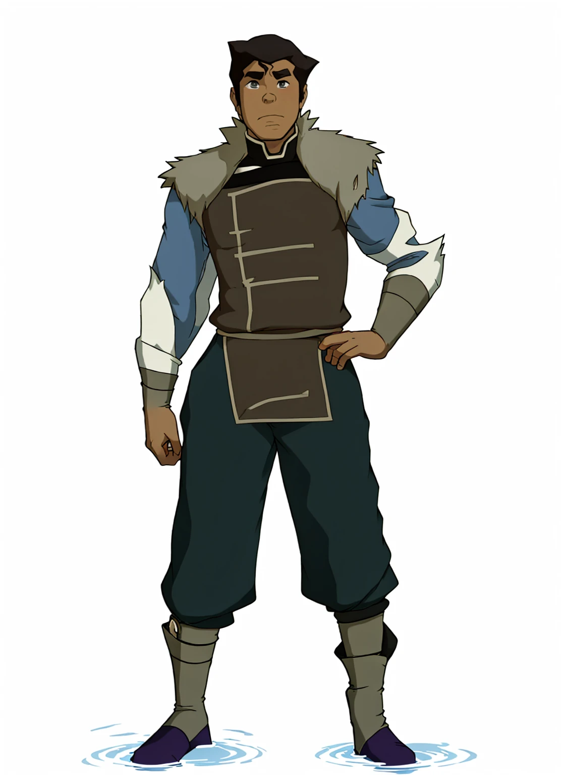 African-American male Bolin , the legend of Korra character, purple water tribe outfit, dark purple pants, fur collar, clothing from the water tribe