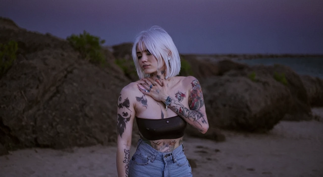 A woman with short white hair and cool tattoos all over her body.