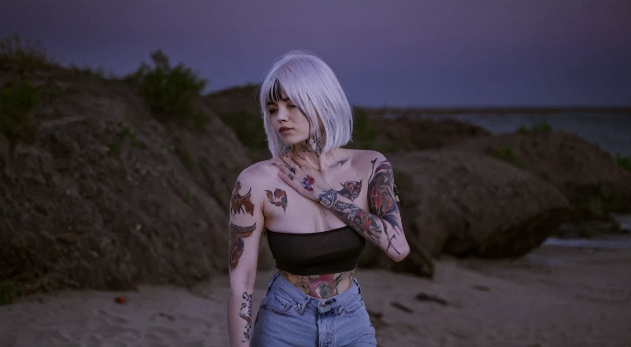 A woman with short white hair and cool tattoos all over her body.