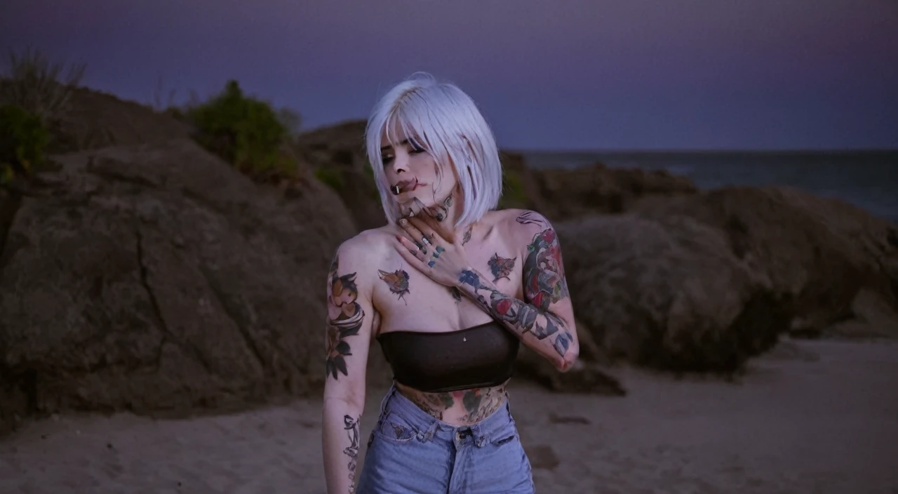 A woman with short white hair and cool tattoos all over her body.