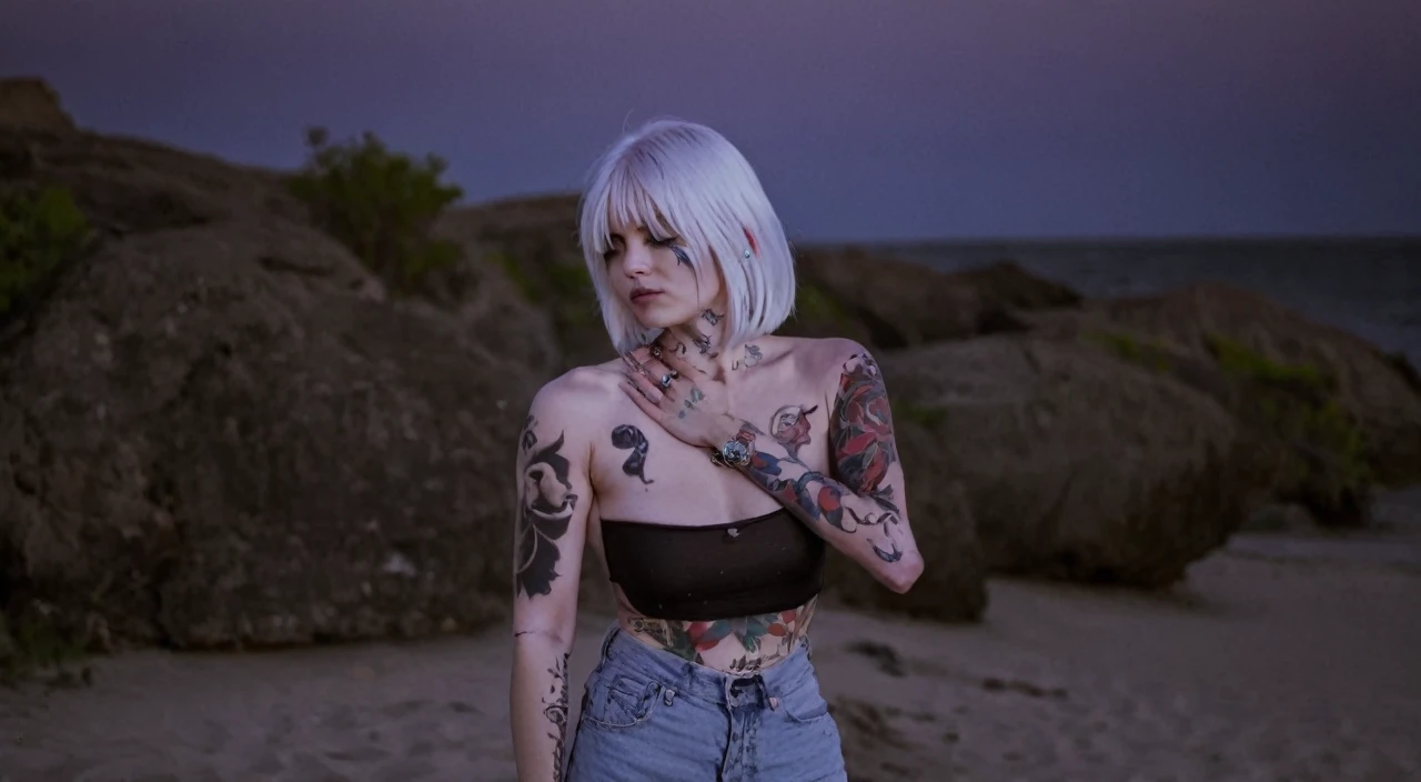 A woman with short white hair and cool tattoos all over her body.