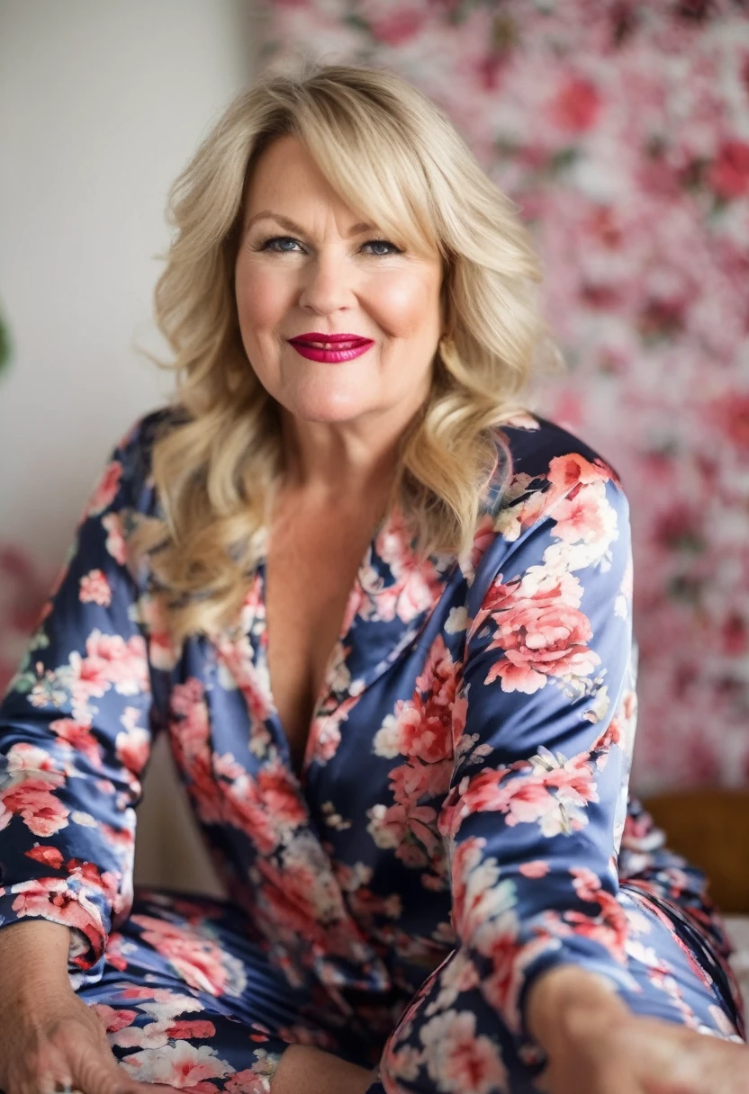 Beautiful blonde 50 year old English woman, plump, chubby, floral silk pyjamas, lipstick, seductive