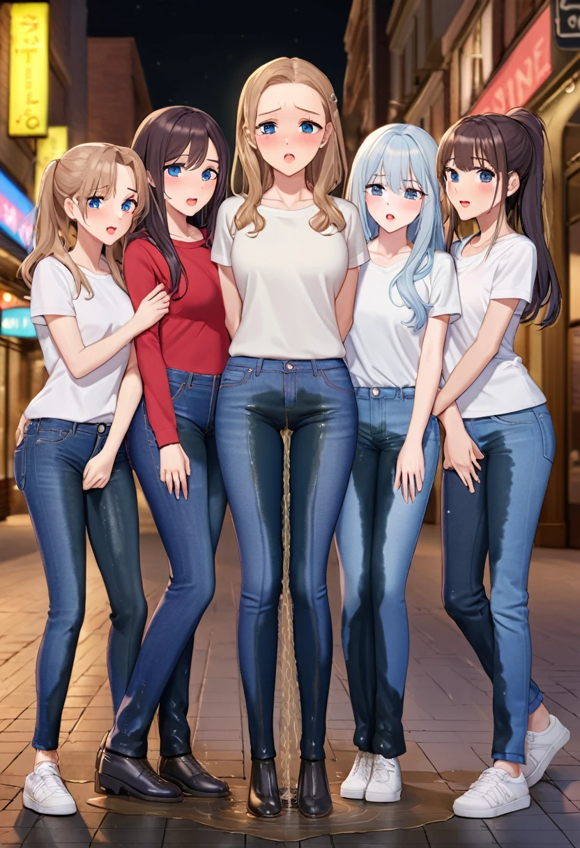 ((best quality, masterpiece:1.3, 8K)), (detailed), highly detailed face and skin texture, detailed eyes, downtown, night time, full body, (slender body:1.1), (a group of girls:1.2), 25 years old, white skin, bright lips, scared. worried, embarrassed, long hair, (forehead:1.0), jeans pants, flares jeans, tight jeans, blue jeans, (wetting themself:1.5), desperation:1.5,