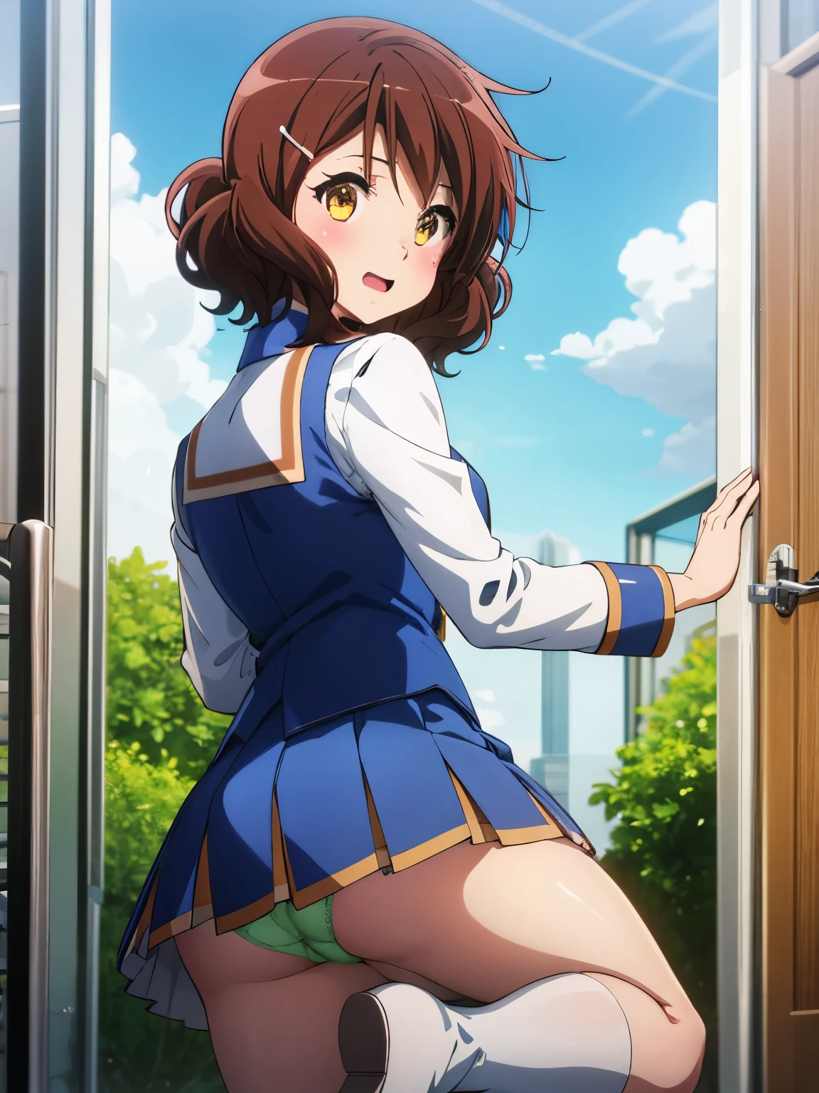 1 Girl,Cowboy Shot,Skirt flip,White lace panties,高qualityのアニメ、High resolution, Kumiko、Tabletop,band uniform,sunfes marching band uniform,[3D Images:1.5],[[Attractive eyes,Fine grain、Shining Eyes, colorfulな目:1.15],whole、Looking at the audience,8K images,Cute Anime Girl, 茶colorの目, Black Hair, bangs, Long Hair, Dark Skin, Hair Clip, White shirt, Blue Skirt, No socks, School boots, 黄前Kumiko, masterpiece, Portraiture, Official Art, One girl, high school girl, Summer clothes, Black Hair, 茶colorの目, 褐colorの肌が幸せ, club room, Sitting, Amazing visuals, High resolution,masterpiece,Highest quality,, 15 years,young woman,beautiful指,beautiful長い脚,beautiful体,beautiful鼻,beautifulキャラクターデザイン, Official Art,非常に詳細な CG ユニティ 8K 壁紙, Perfect lighting,colorful, bright_front_face_Lighting,Shiny skin, (masterpiece:1.0),(Highest_quality:1.0), 超High resolution,4K,Super detailed, photograph, 8K, High resolution, High resolution, Absurd:1.2, コダックポートの場合teeth 400, Film Grain, Blurred Background, Bokeh:1.2, Lens flare, (Vibrant_color:1.2), (beautiful_face:1.5),(narrow_Waist), ,Browsing Caution, From behind, I had already finished, Under the skirt, Recall, Green panties, Camel Toe, blush, 笑face, teeth, teeth focus,alone, grabbing own teeth, huge teeth, Spread your legs,Staring. Audience, On my knees, (Perfect hands, Perfect Anatomy),