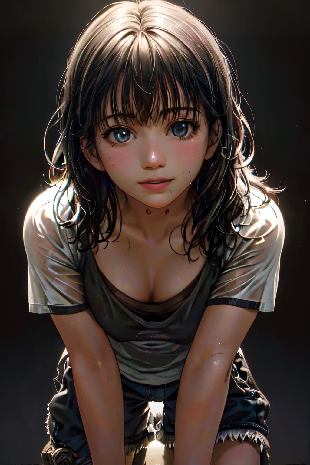 portrait render. Soft saggy cleavage, wide gap, (( fabric t-shirt) , (leaning forward), shorts, flirtatious, sexy smile, 1girl, Hyperrealistic, absurdres, Highest resolution shadows, masterful lighting, masterpiece, highest quality, highest resolution, wide-gamut RGB color space, highest quality shadows, HDRi photo, realistic, realism, sharp focus, depth of field, 32k photo, HDR, realistic, realism, diffused soft natural lighting, intricate details, (hyperrealistic detailed hair),  ((underexposed black background, low-key photography, rim lighting)), soft diffused shadows, subsurface scattering, reflections, refractions, ambient occlusion, transparency, nsfw , bokeh, 4k, highly detailed, Pixar render, CGI Animation, Disney, cute big circular reflective eyes, dof, (cinematic film), Disney realism, subtle details, breathtaking Pixar short, fine details, close up, sharp focus, HDR, Disney-style octane render, incredible composition, superb lighting and detail, Soft saggy cleavage, wide gap, ((fabric t-shirt) , (leaning forward), flirtatious, sexy smile, 1girl, Hyperrealistic, absurdres, Highest resolution shadows, masterful lighting, masterpiece, highest quality, highest resolution, wide-gamut RGB color space, highest quality shadows, HDRi photo, realistic, realism, sharp focus, depth of field, 32k photo, HDR, realistic, realism, diffused soft natural lighting, intricate details, (hyperrealistic detailed hair),  ((underexposed black background, low-key photography, rim lighting)), soft diffused shadows, subsurface scattering, reflections, refractions, ambient occlusion, transparency