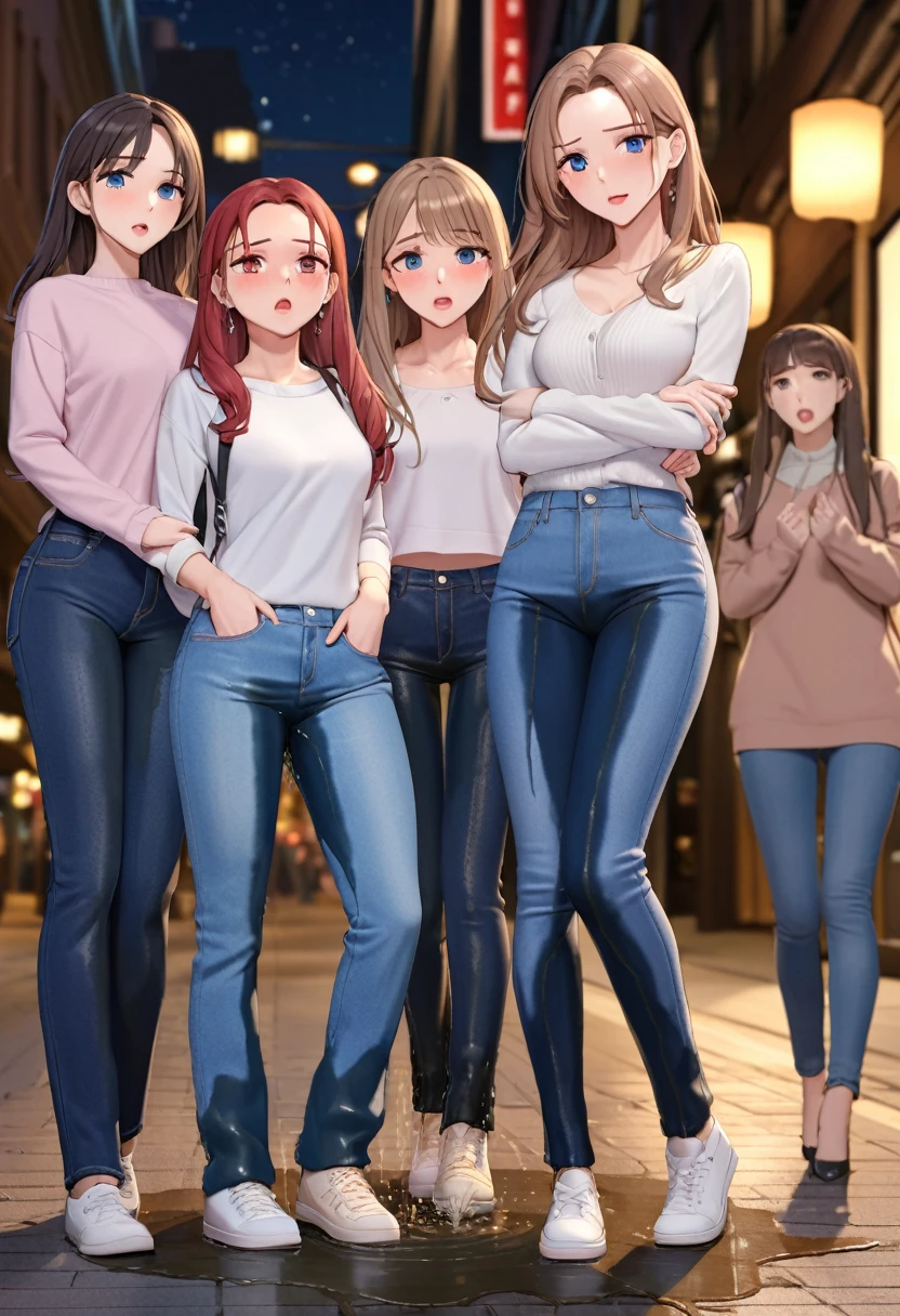 ((best quality, masterpiece:1.3, 8K)), (detailed), highly detailed face and skin texture, detailed eyes, downtown, night time, full body, (slender body:1.1), (a group of girls:1.2), 25 years old, white skin, bright lips, scared. worried, embarrassed, long hair, (forehead:1.0), jeans pants, flares jeans, tight jeans, blue jeans, (wetting themself:1.5), desperation:1.5,