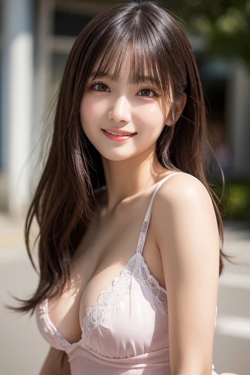 masutepiece, Best Quality, photoealistic,Illustration, Ultra-detailed, finely detail, hight resolution, 8K Wallpaper, Perfect dynamic composition, Beautiful detailed eyes, Women's Fashion Summer,straight Hair,medium natural color lip, Bold sexy po,Smile,Harajuku、20 years girl、Cute、Sexy shot king at camera