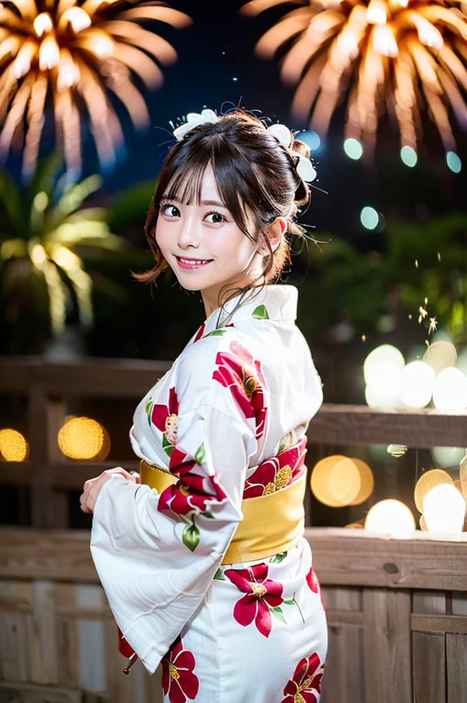 ((Highest quality, 8K, masterpiece: 1.3)),RAW Photos,Realistic atmosphere,Lens flare, Ray Tracing,(Detailed beautiful white skin:1.3),Beautiful Japanese, High-resolution face,shiny light brown hair,Bun Hair,Red and gold hair ornament,(Watching the fireworks wearing a floral yukata:1.2),Huge fireworks,(White yukata with sleeves:1.2),((Wrinkled Heko Obi:1.3)),((Looking back with an innocent smile:1.3)),Blurred grand fireworks,(Many colorful fireworks:1.2)Star Mine,Fireworks across the sky,Large fireworks