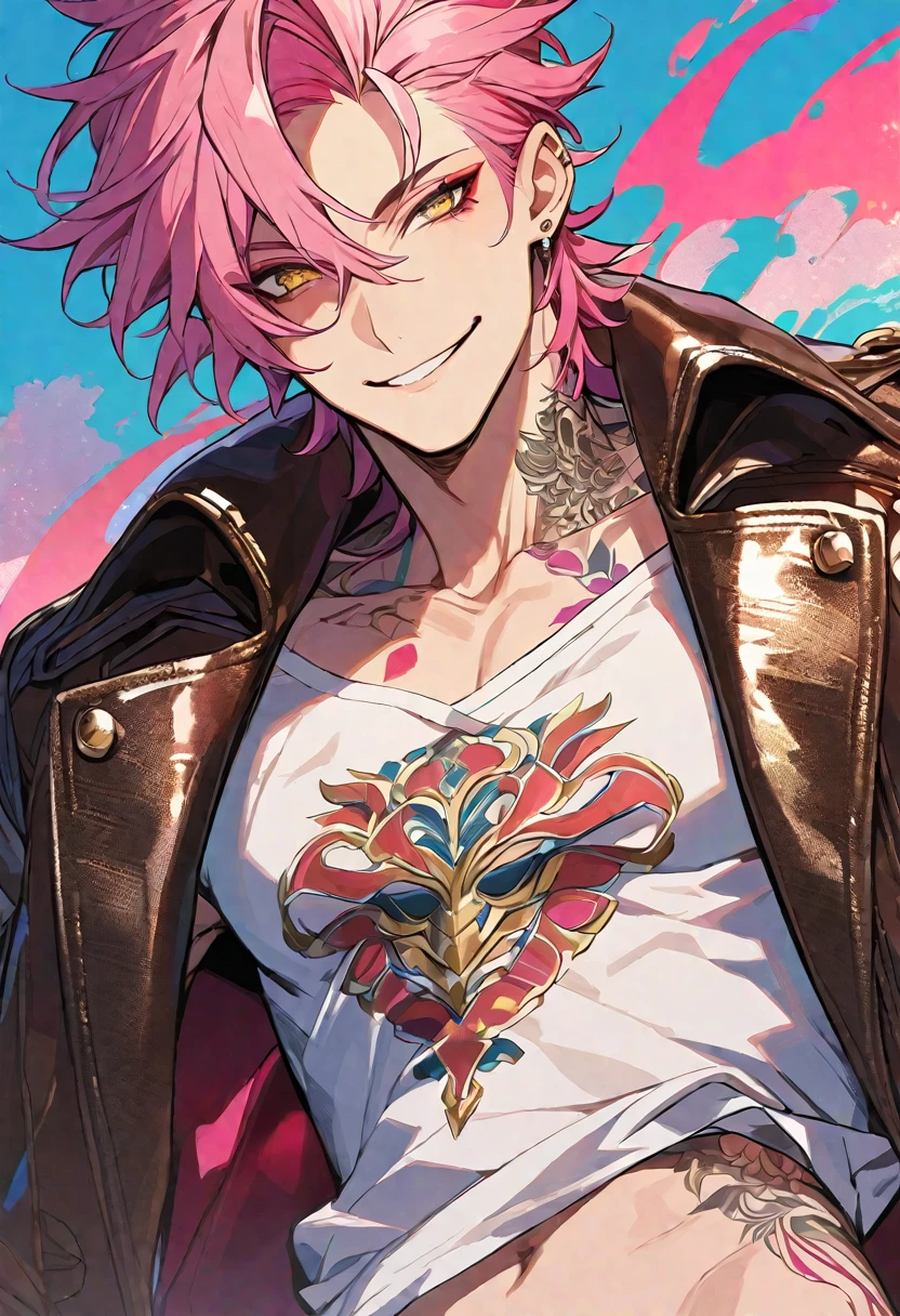 Solo, 1 male, pink hair, gold eyes, white shirt, leather coat, smile facial, a single tattoo on stomach