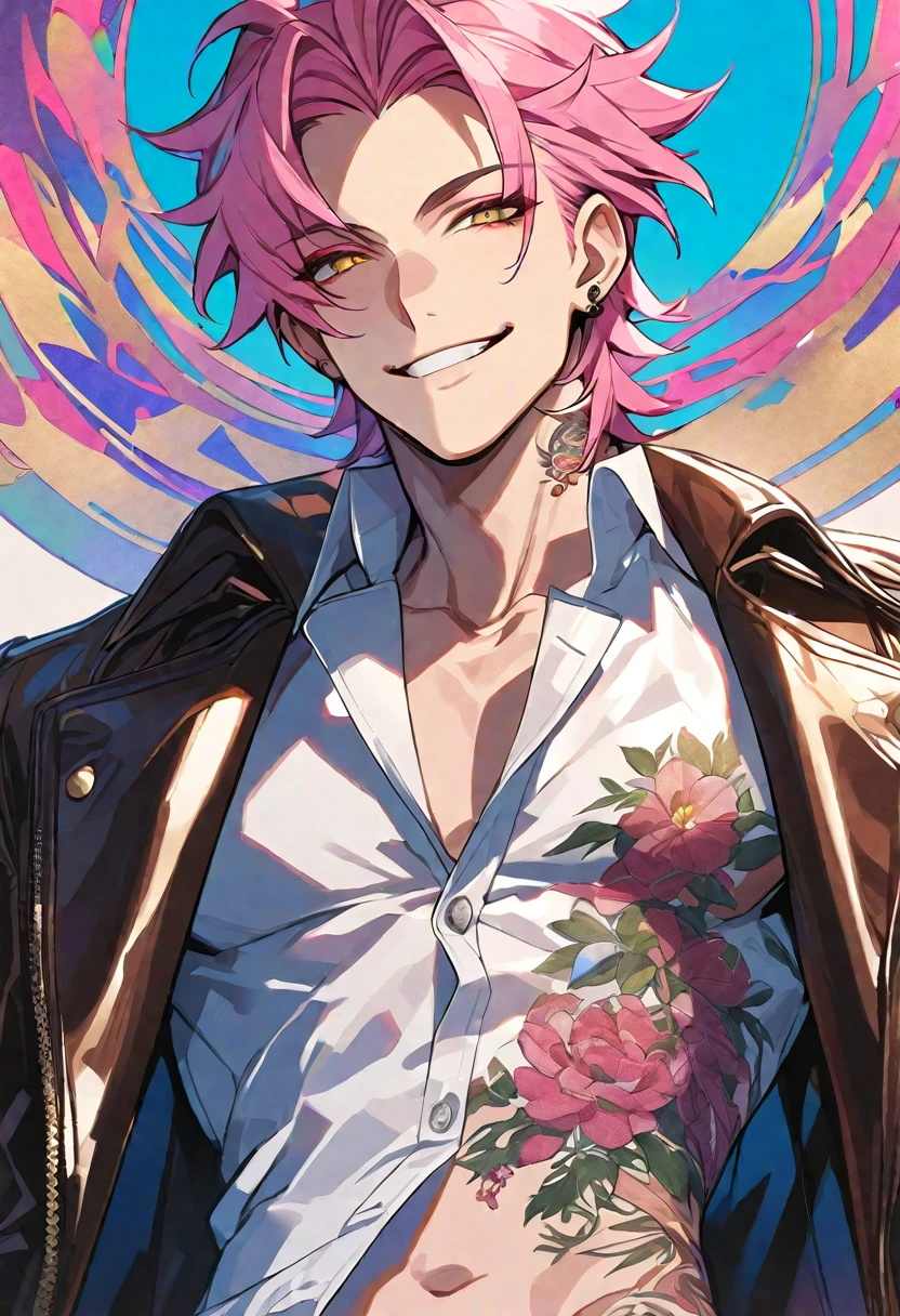 Solo, 1 male, pink hair, gold eyes, white shirt, leather coat, smile facial, a single tattoo on stomach