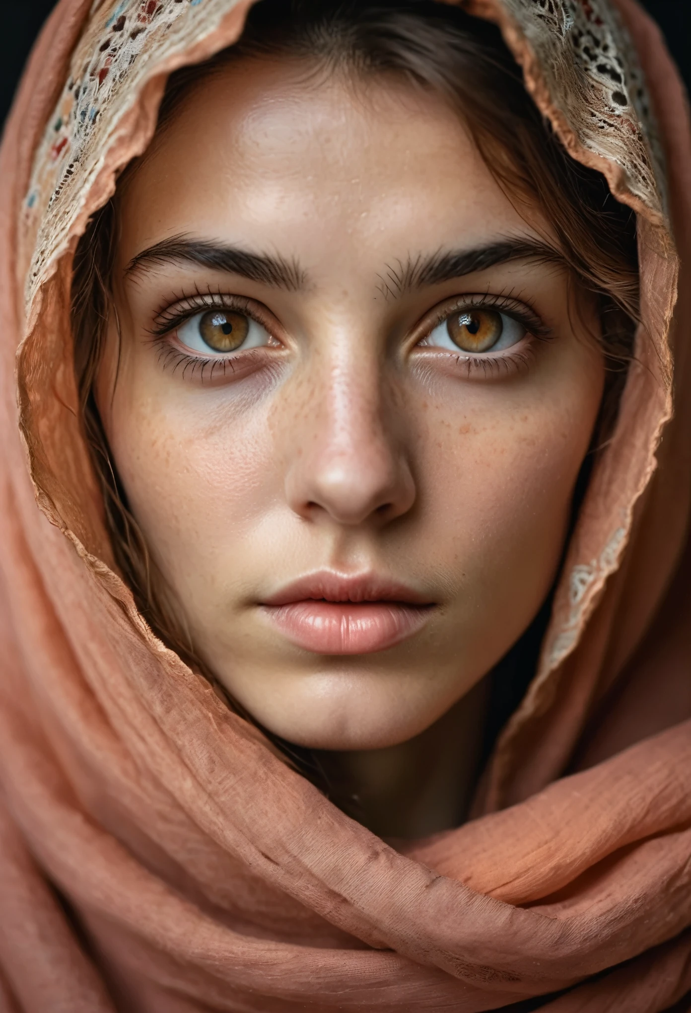 a photorealistic portrait of a stunningly beautiful woman without make-up, extremely detailed light hazel eyes, detailed symmetric realistic face, natural skin texture, extremely detailed skin with skin pores, peach fuzz, messy hair, wearing shawl over her head, masterpiece, absurdres, award winning photo by lee jeffries, nikon d850 film stock photograph, kodak portra 400 camera f1.6 lens, extremely detailed, amazing, fine detail, rich colors, hyper realistic lifelike texture, dramatic lighting, unrealengine, trending on artstation, cinestill 800 tungsten, looking at the viewer, photo realistic, RAW photo, TanvirTamim, high quality, highres, sharp focus, extremely detailed, cinematic lighting, 8k uhd