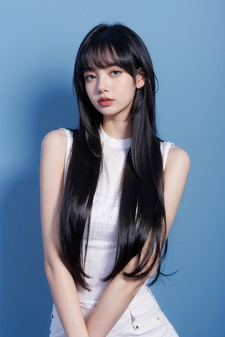 21yo girl, long hair, blue background