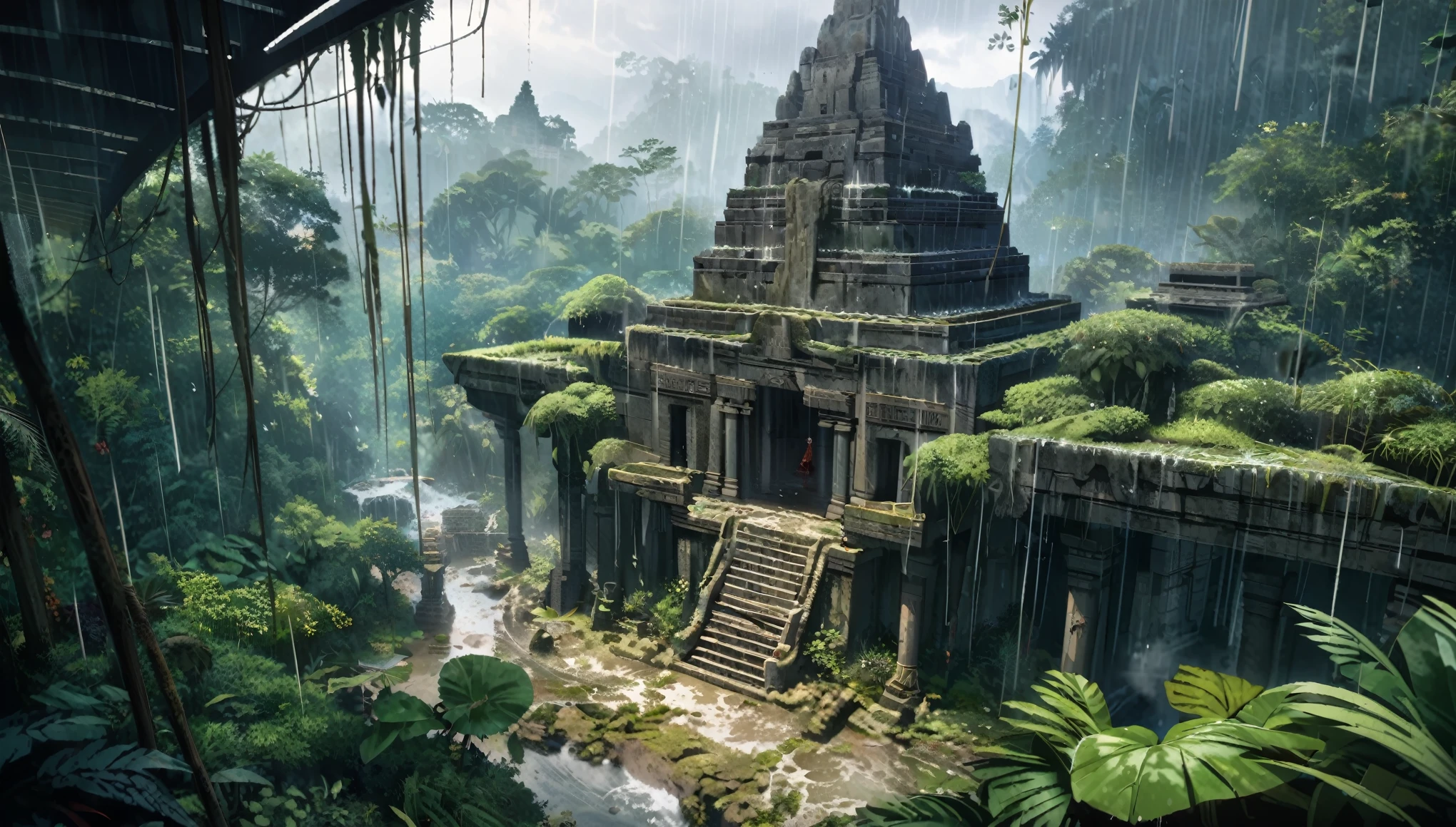  anime aestetics, anime scenery, daytime, rainforest, jungle, stone temple in the jungle, civered in moss, wines everywhere, downpour, strong, rain, mystic atmosphere, ancient structure, ttall tress, jungle plants, huge leavesm, beautifl big red jungle flowers, predator plants, perspective, atmospheric perspective, from above, wide shot, highres, 4K, 8k, award winning, super detail, masterpiece